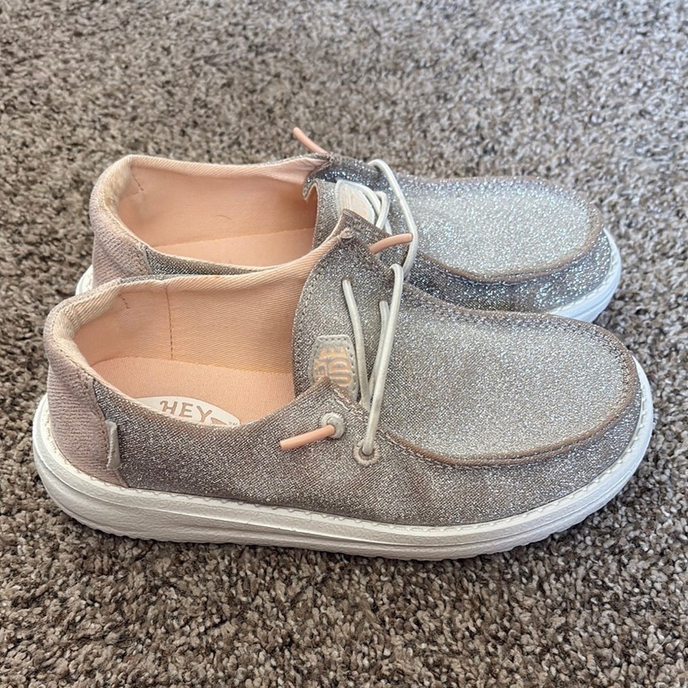 Hey Dude Kids Glitter Silver Pink Moccasins